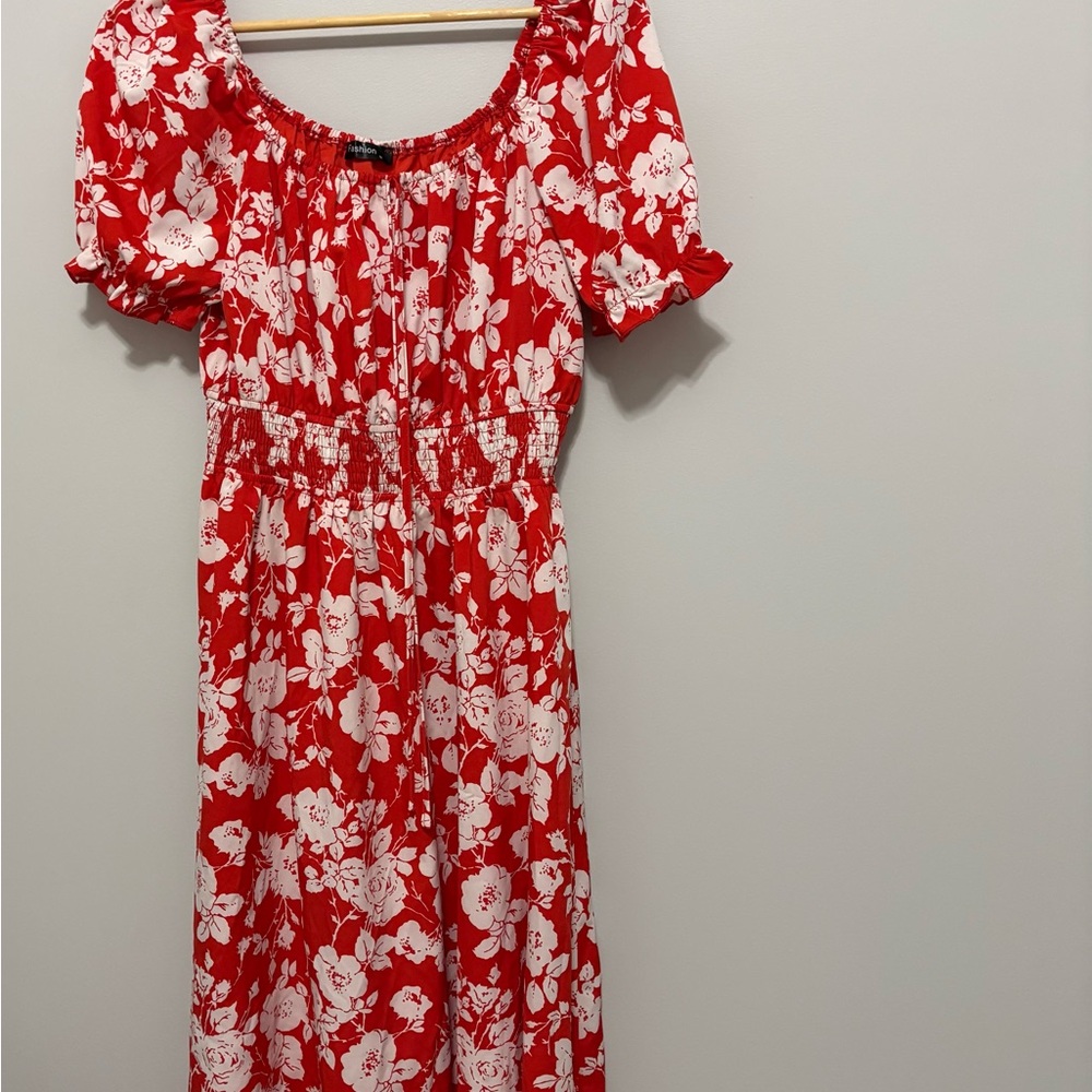 Red Floral Midi Dress with White Print - Women